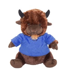 A stuffed cow in a T-shirt 