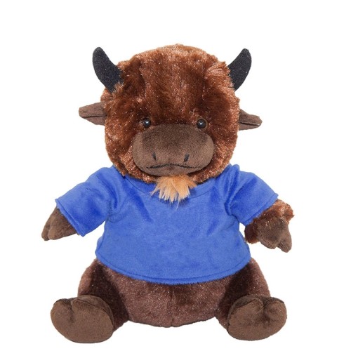 A stuffed cow in a T-shirt